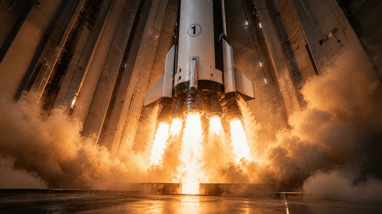 A rocket lifts off inside a hangar