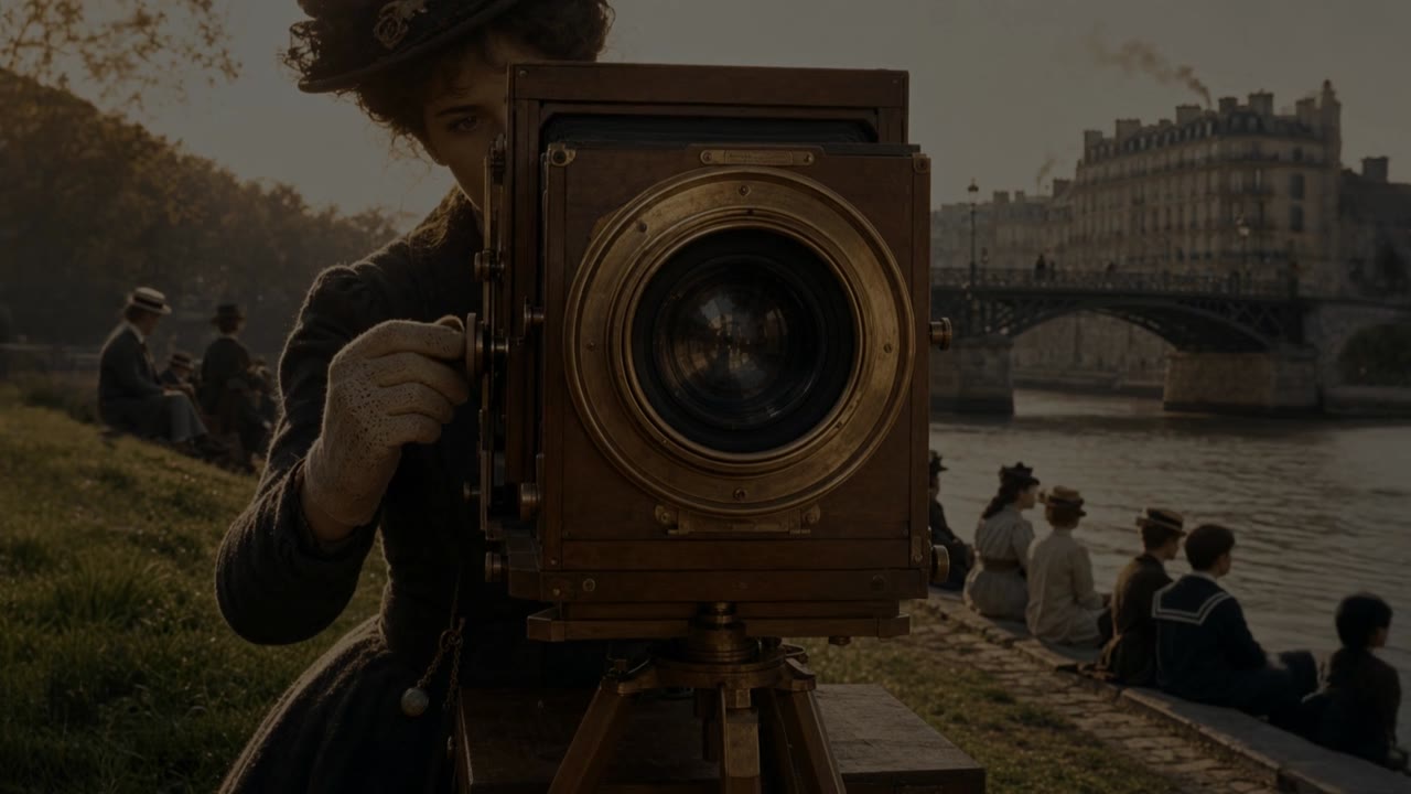 A photographer with a brass camera by the Seine in 1890s Paris