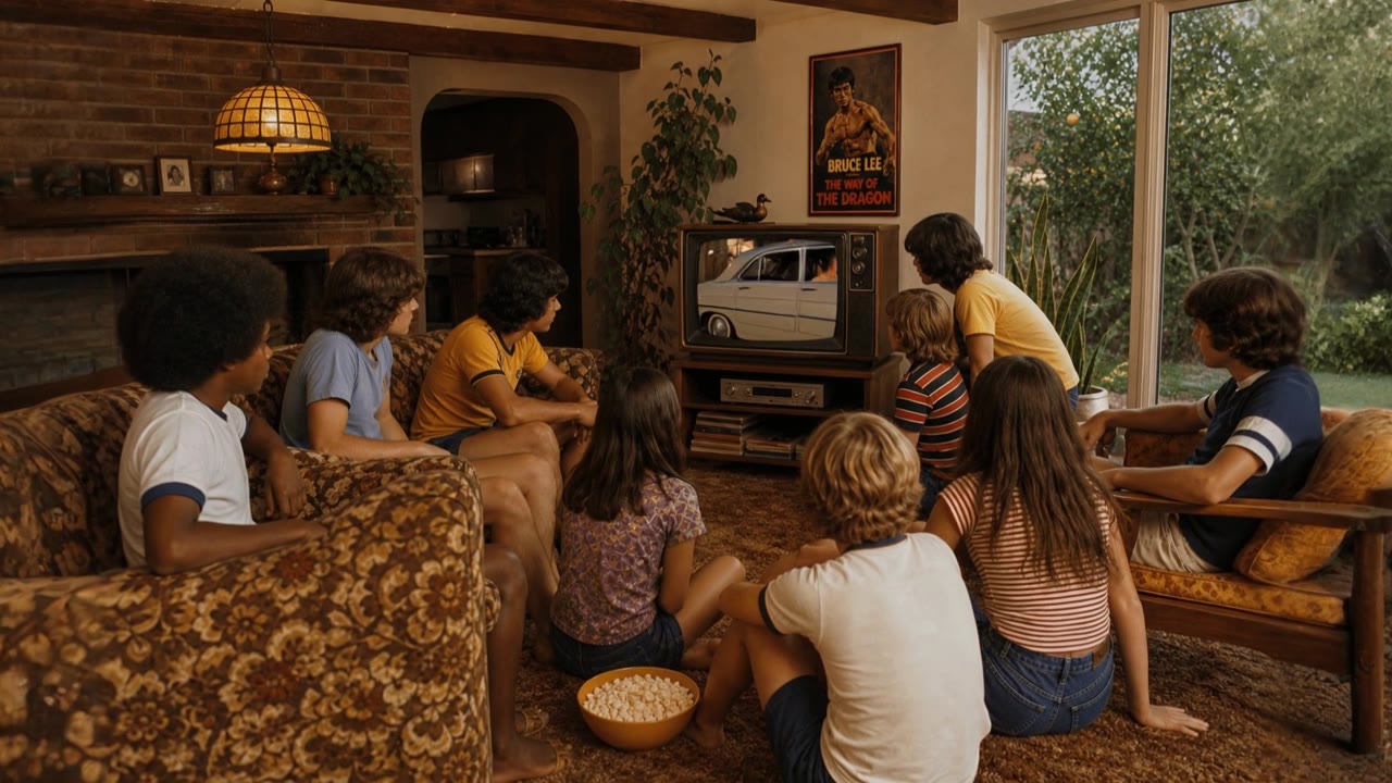 A family gathered on a sofa watching television together