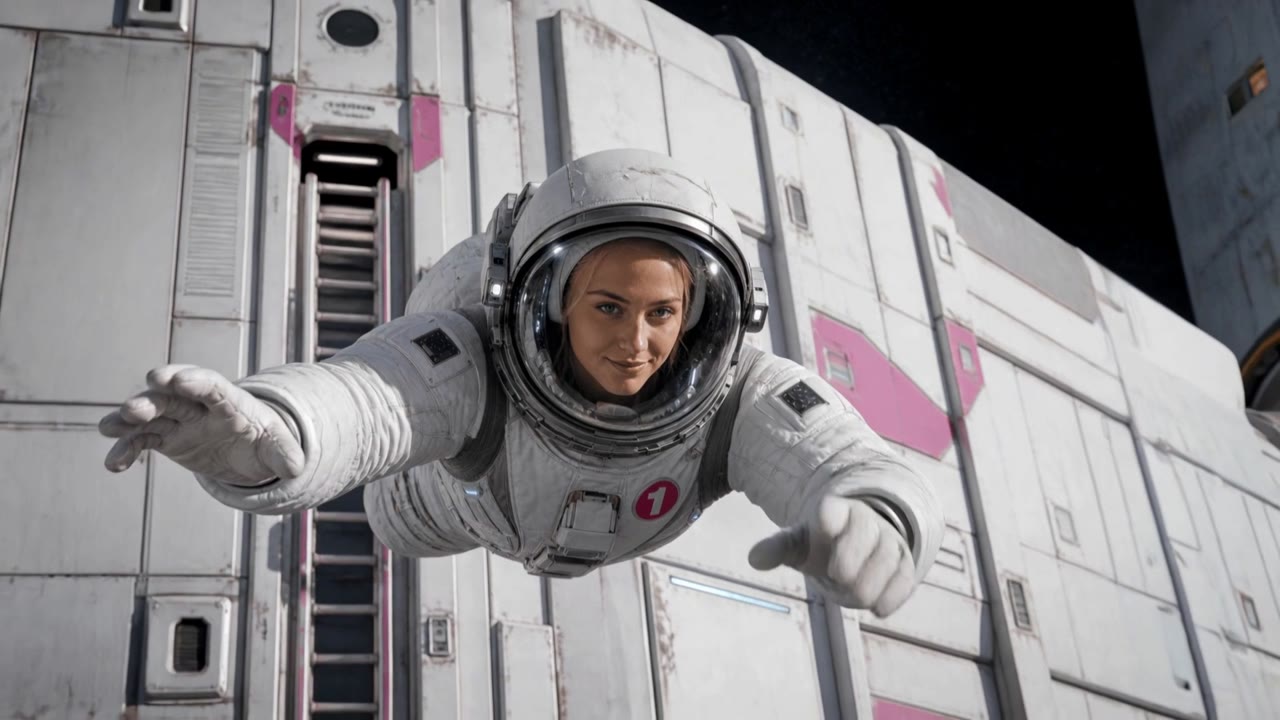 An astronaut reaches towards the camera outside a space station