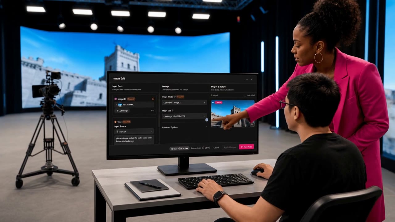 Two people at a monitor on a virtual production stage with a castle behind