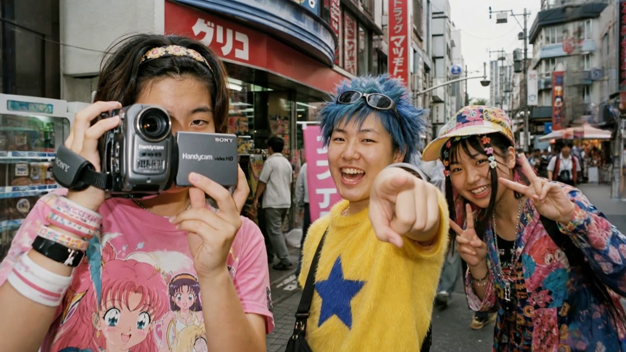 Friends on a Tokyo street pointing a camcorder at the camera