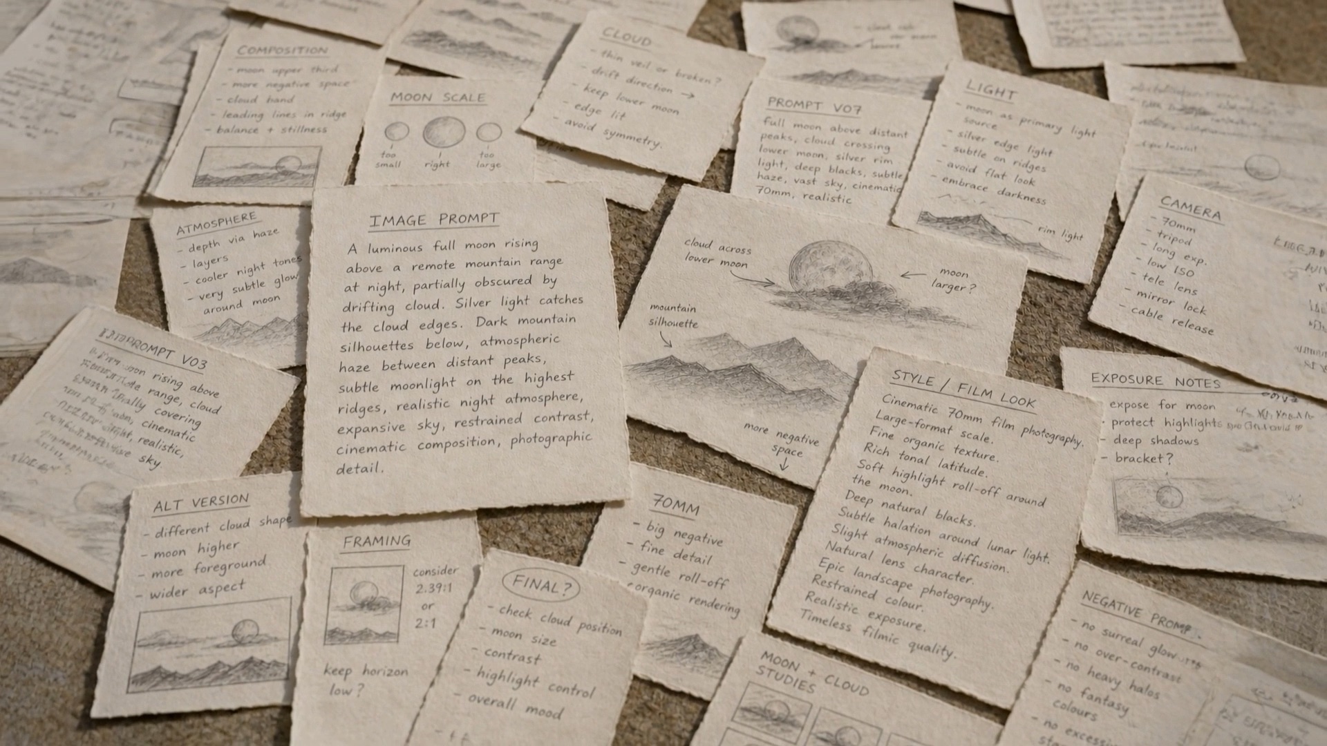 Hand written prompt cards and sketches laid out on stone