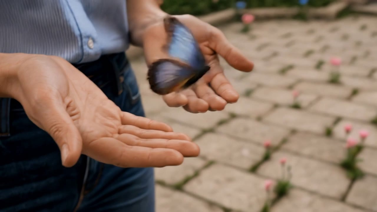 The studio floor under her hands turns into stone paving with flowers as the butterfly lifts away
