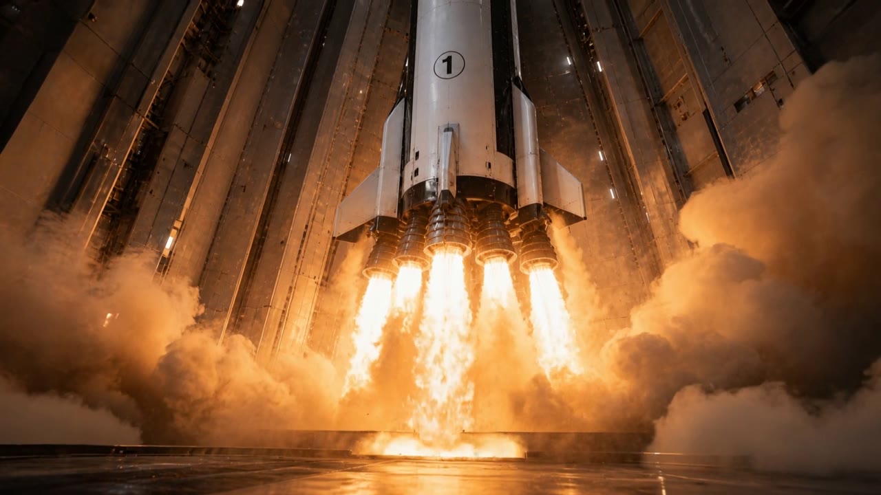 A gloved finger presses a glowing pink button marked 1, then a rocket lifts off in a blaze of fire
