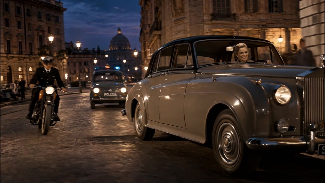 A vintage saloon car with police motorcycle outriders drives through a city at night